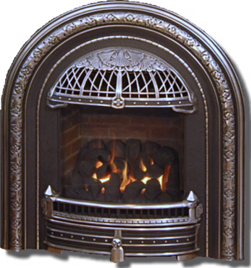 Spectacular Victorian Fireplaces by Valor include the Ornate Windsor Arch with Chrome highlights. the Classic arch